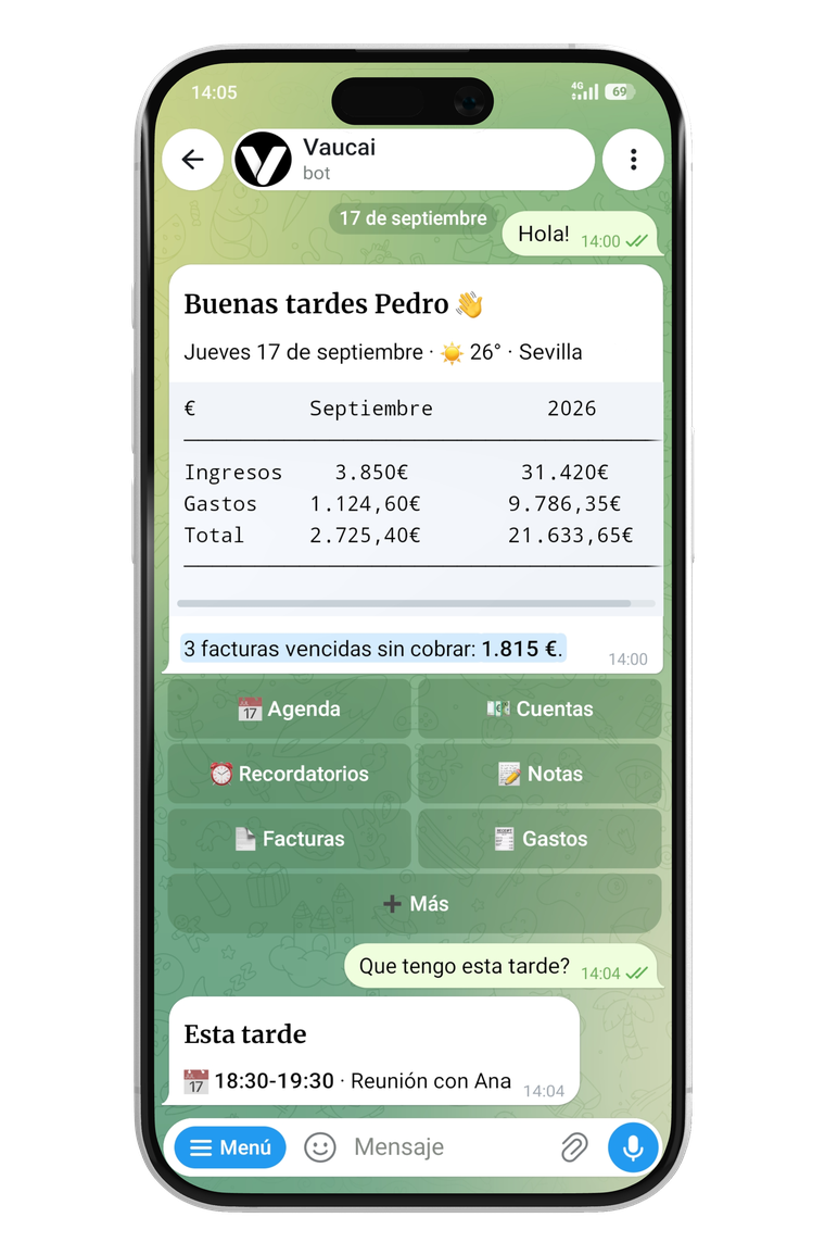 El panel de tu Vaucai en Telegram: ingresos, gastos y facturas vencidas de un vistazo