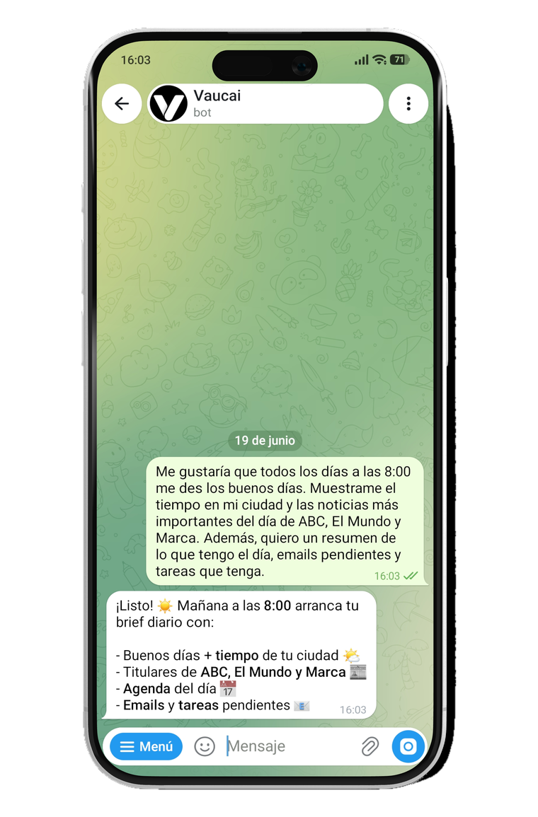 El usuario pide a Vaucai un resumen diario y tu Vaucai lo programa