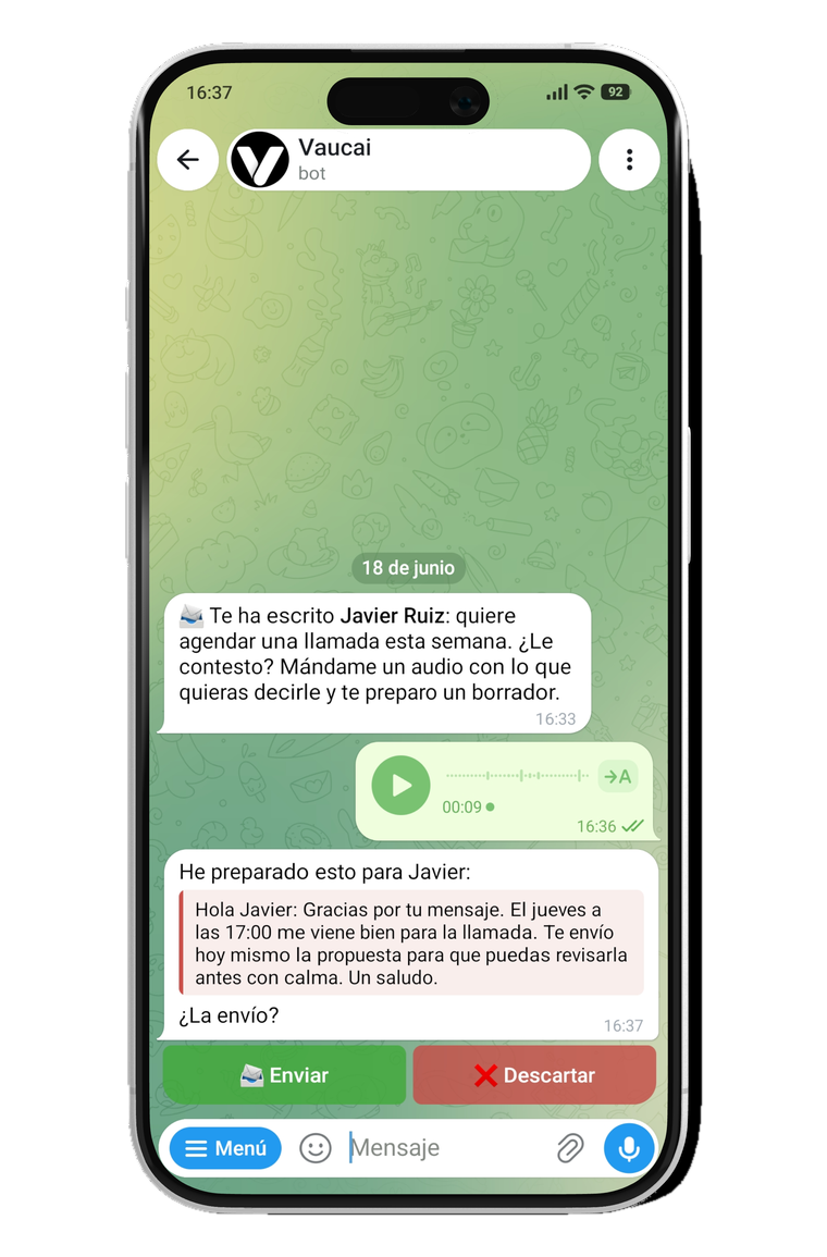 Tu Vaucai redactando una respuesta de correo a partir de un audio