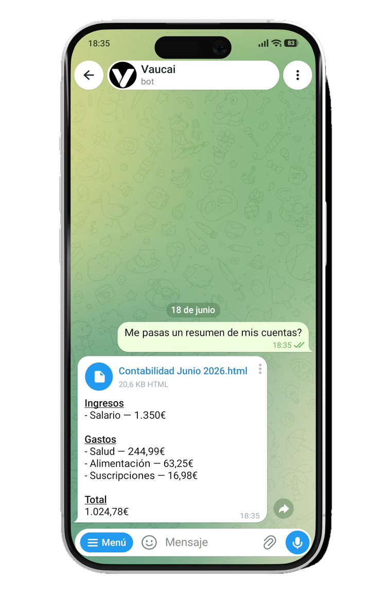 Tu Vaucai devolviendo un resumen de ingresos, gastos y total del mes