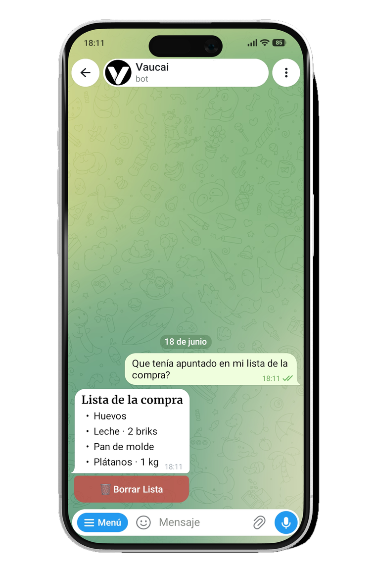 Tu Vaucai mostrando la lista de la compra que el usuario tenía guardada