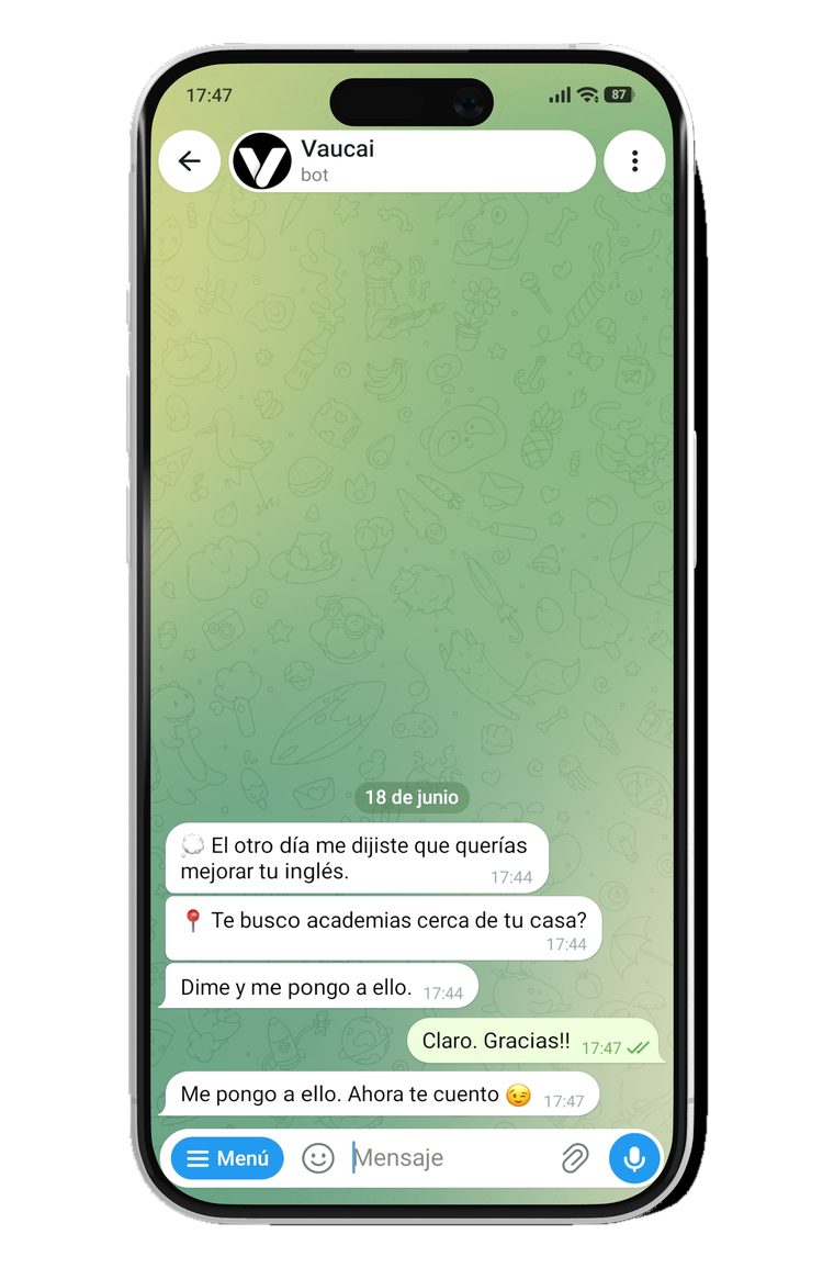 Tu Vaucai recordando proactivamente que el usuario quería mejorar su inglés