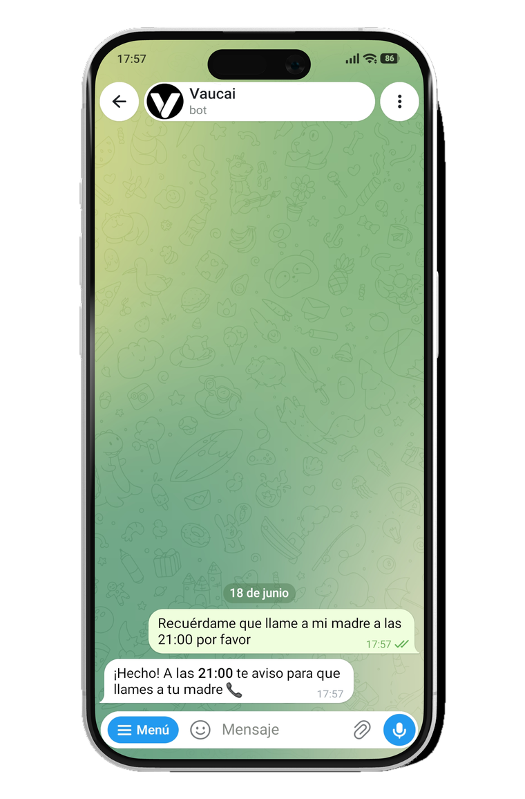 Tu Vaucai apuntando un recordatorio que el usuario le pidió por chat