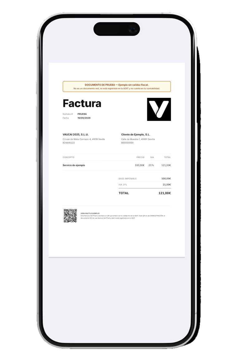 La factura de prueba Veri*Factu generada por Vaucai
