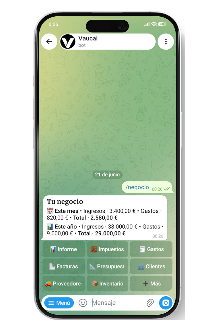 El cuadro de mando del Modo Negocio de Vaucai con ingresos, gastos y total del mes y del año
