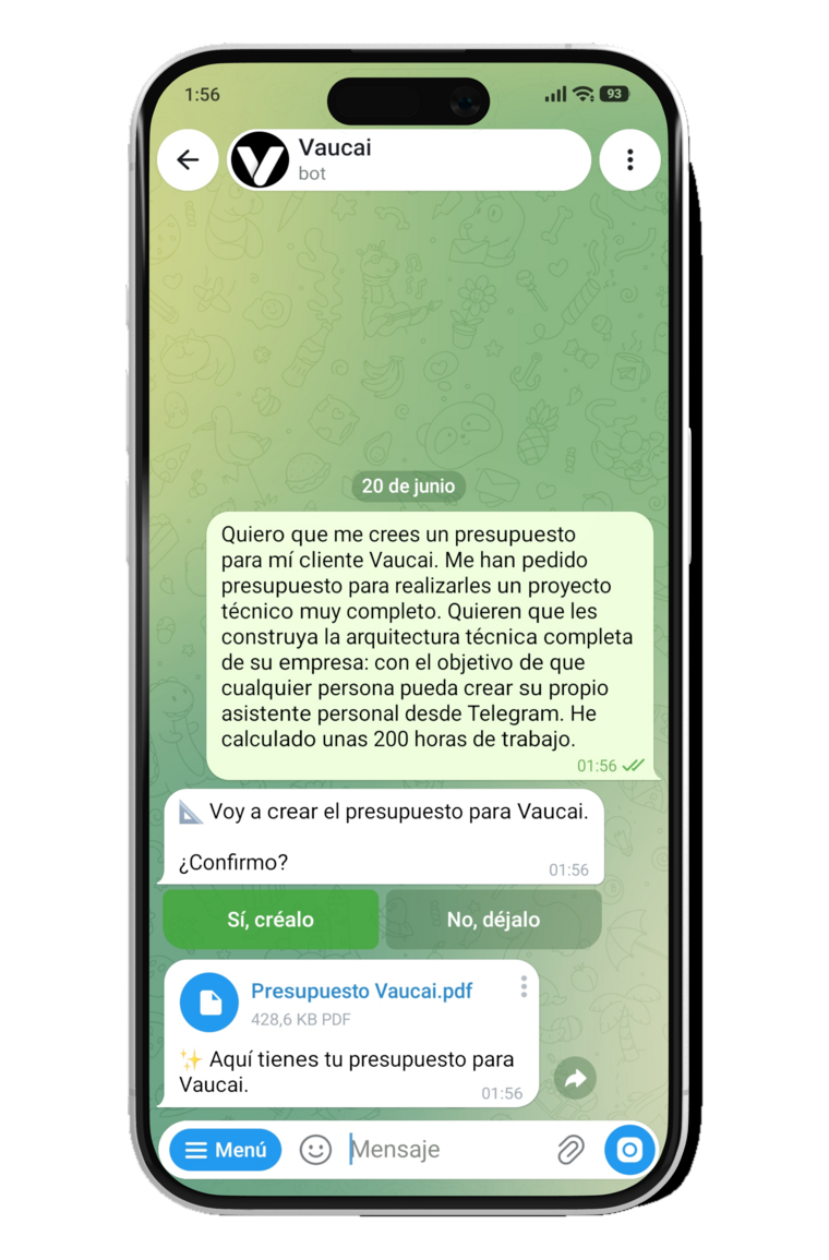 El usuario pide a Vaucai un presupuesto para un cliente y tu Vaucai lo crea